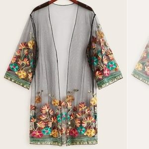 Ladies floral embroidered sheer mesh kimono